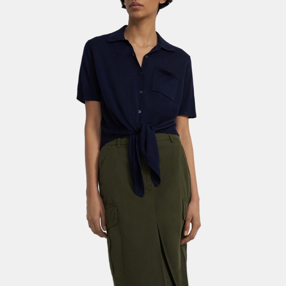 THEORY Hekanina Tie Silk Cashmere Blend Shirt size small navy